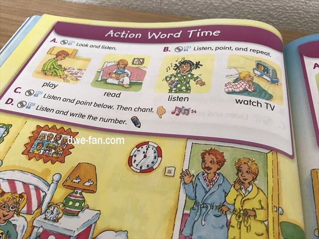 英語の教科書「Magic Time 1」（2/E）Student Book、色々な動詞を英語で言うページ